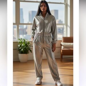 Vintage Carreau Sport Silver Metallic Velour Jumpsuit Star Zipper Front Pockets